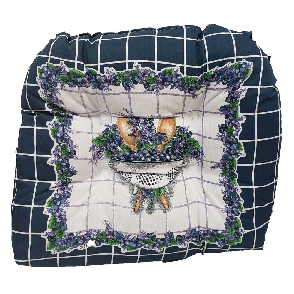SET OF 2 THICK REVERSIBLE CHAIR CUSHION PADS w/ties, BASKET OF BLUEBERRIES, B&D